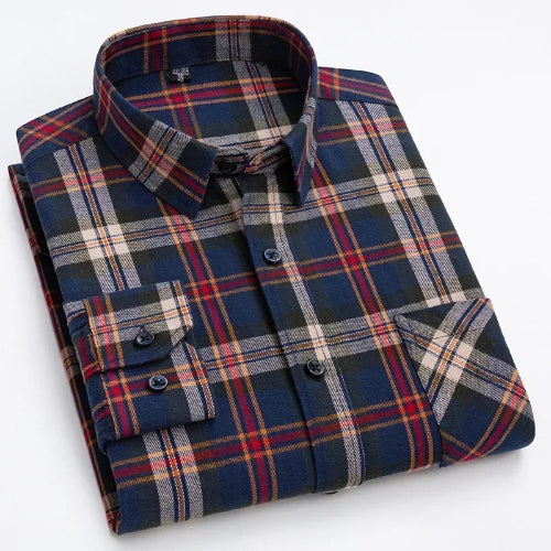 A folded long-sleeve plaid button-up shirt in navy blue with red, beige, and white stripes, shown on a clean white background.