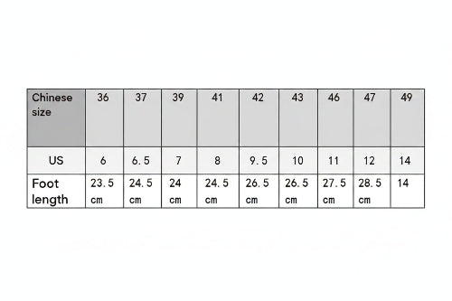 Table showing shoe size conversions with foot length measurements.
