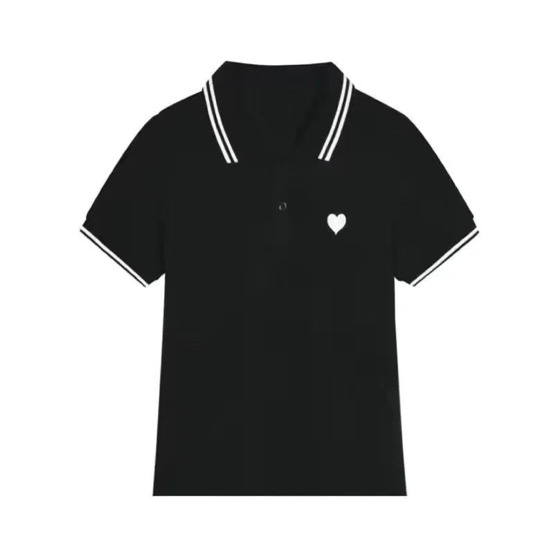 Polo Neck Shirt for Women100℅ Cotton  Woman T Embroidery Button Graphic Slim Korean Clothing Trend 2025 Youthful Elegant Style