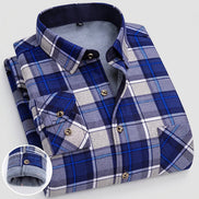 Blue and gray plaid shirt with close-up of fabric texture on a white background