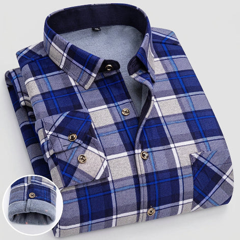 Blue and gray plaid shirt with close-up of fabric texture on a white background