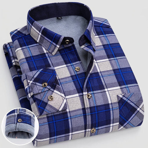 Blue and gray plaid shirt with close-up of fabric texture on a white background