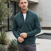 A men's dark teal-green knit zip-up sweater with a mock neck, displayed on a wooden hanger against a light gray background. The Chinese character '福花' is printed in the top-left corner.