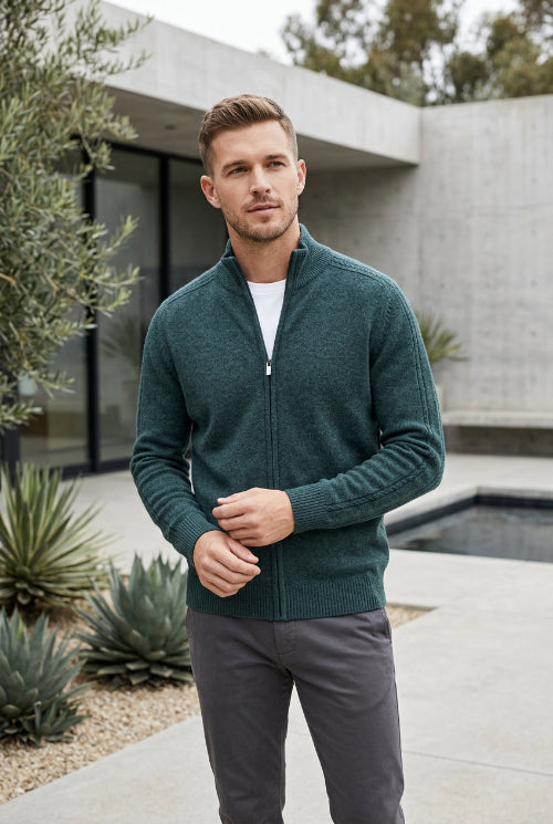 A men's dark teal-green knit zip-up sweater with a mock neck, displayed on a wooden hanger against a light gray background. The Chinese character '福花' is printed in the top-left corner.