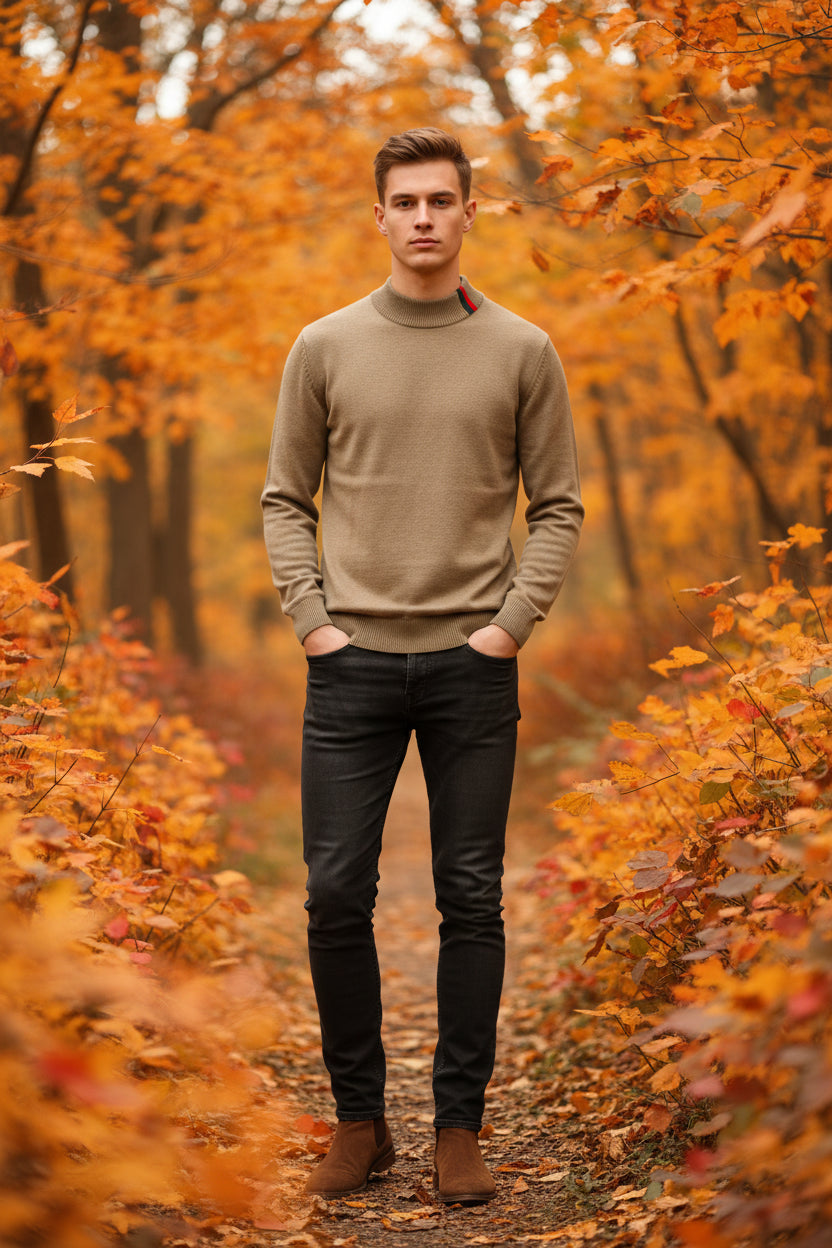 Beige turtleneck sweater with a brand logo on a dark background