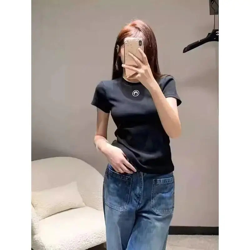 Retro Women's T-Shirt Summer Casual Slim Fit Short Sleeve Round Neck Solid Color Top Innerwear with Embroidered Moon Design