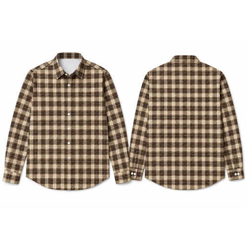 Front and back views of a long-sleeve button-up plaid shirt in brown and beige, displayed on a clean white background.