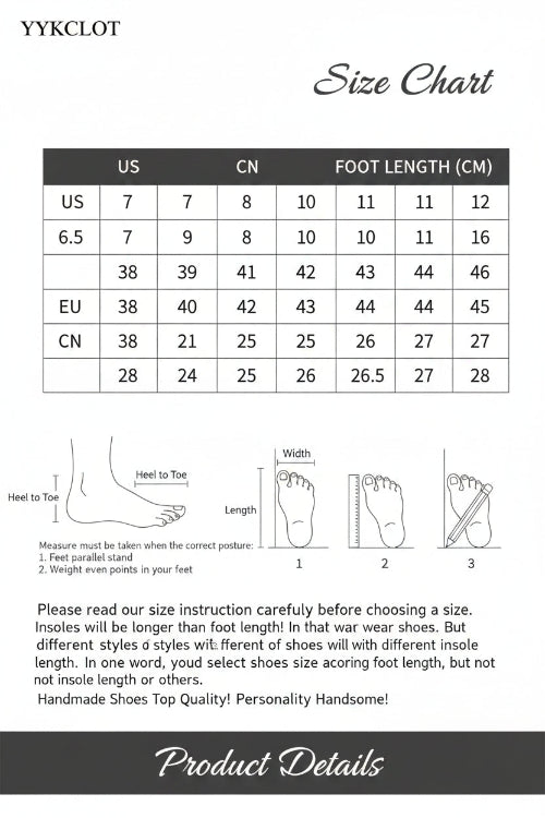 Size chart for shoes with foot measurement instructions and YYKCLOT branding.