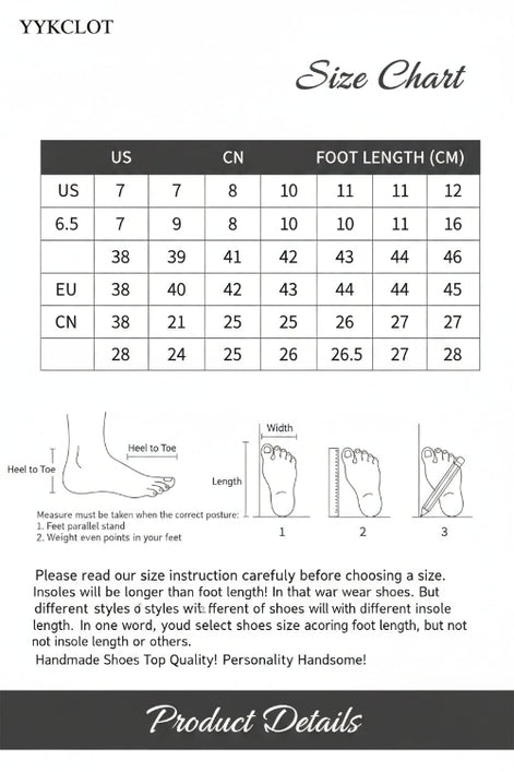 Size chart for shoes with foot measurement instructions and YYKCLOT branding.
