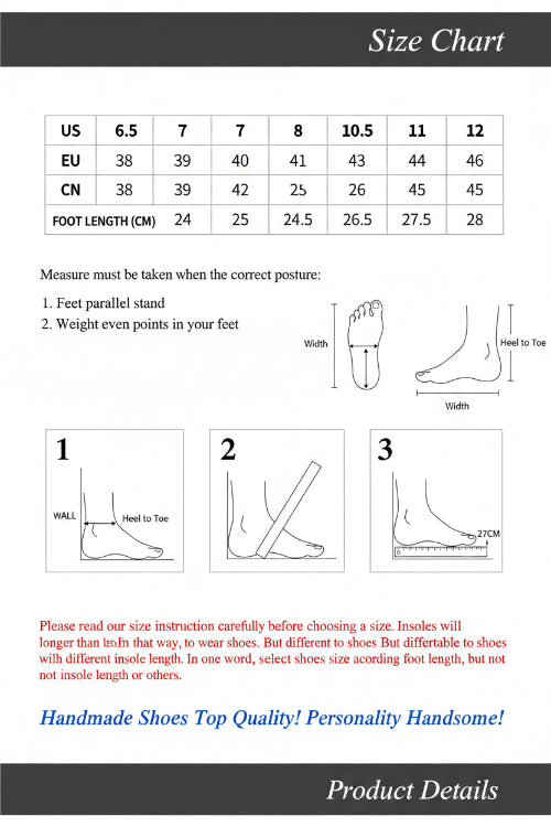 Size chart for shoes with foot measurement instructions and YYKCLOT branding.