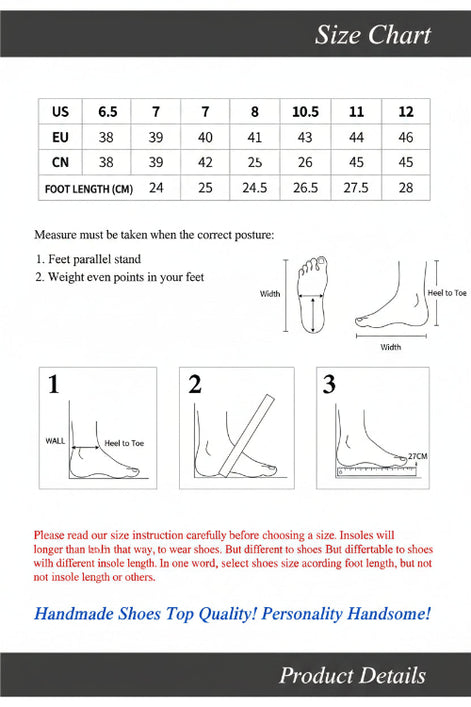 Size chart for shoes with foot measurement instructions and YYKCLOT branding.