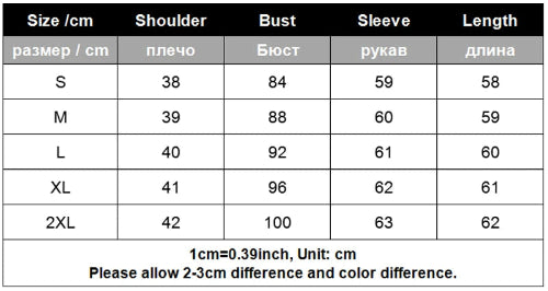 Size chart for clothing with measurements in centimeters