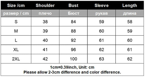Size chart for clothing with measurements in centimeters