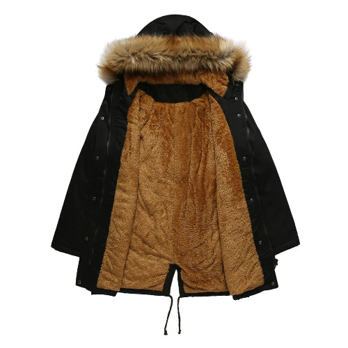 Black and brown parka coat with fur trim on a white background