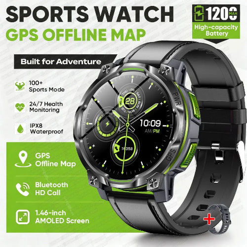 A black and green sports watch with a round digital display, shown on a white and green promotional background 