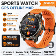 An orange sports watch with a perforated silicone strap, shown on a white background with promotional text 
