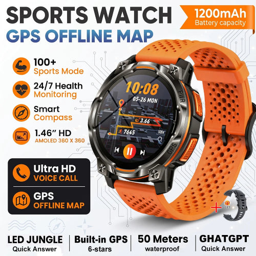 An orange sports watch with a perforated silicone strap, shown on a white background with promotional text 