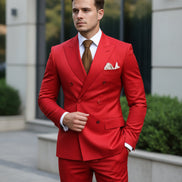 Red suit with a brown tie and white shirt on a dark background, featuring 'Customize Mens-Tuxe Store' text.