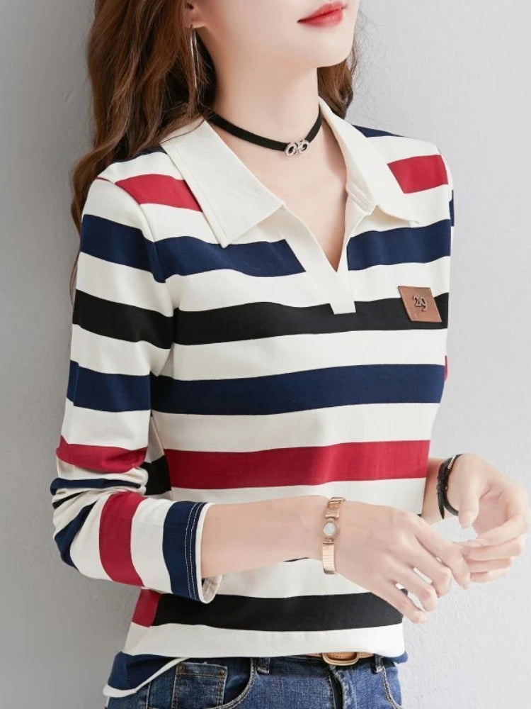 Slimming Striped Polo T-Shirt for Women 100% Cotton Long Sleeve Innerwear for 2026 Transitional Wardrobe