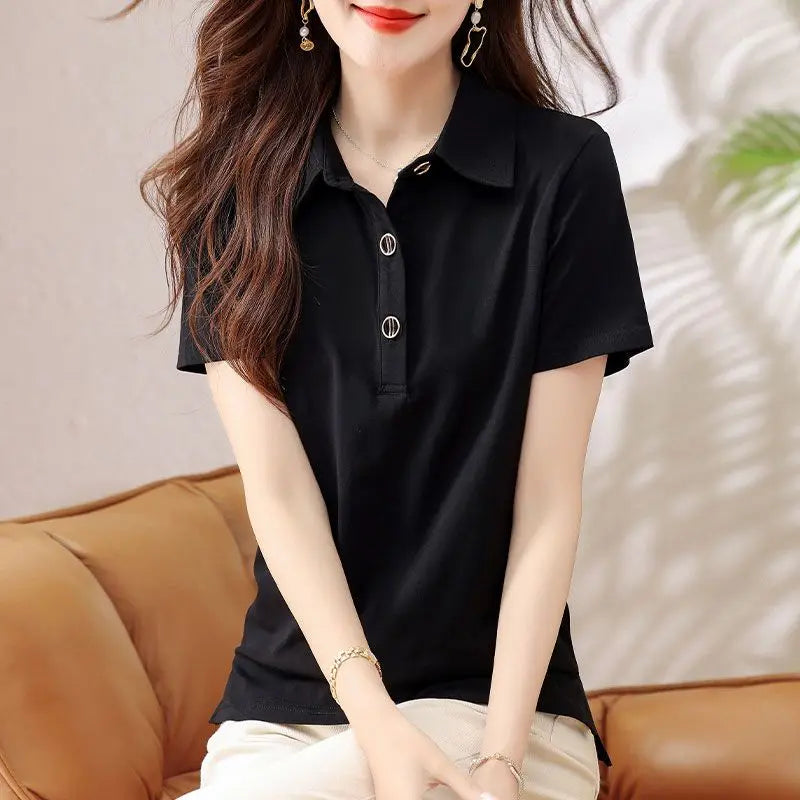 Button T-shirts Summer Outfit Black Women's Polo Short Sleeve Plain in Trend 2025 Korean Popular Clothes Original New Female Tee