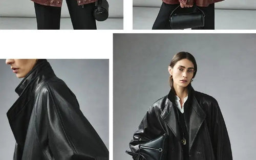 Collage showing a woman wearing a black faux leather jacket, with close-up views of the collar and shoulder seams and cropped reddish-brown jacket details⠋