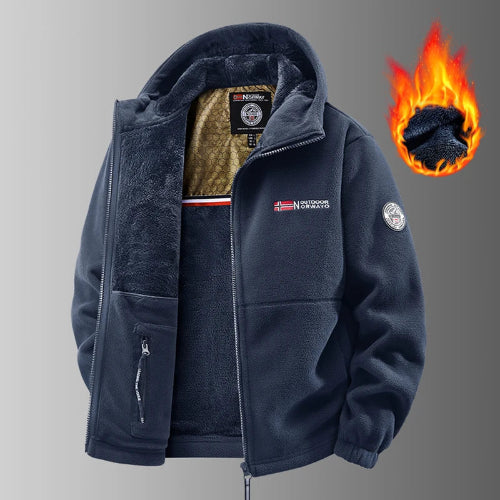 Navy blue fleece jacket with brand logo on a gray background