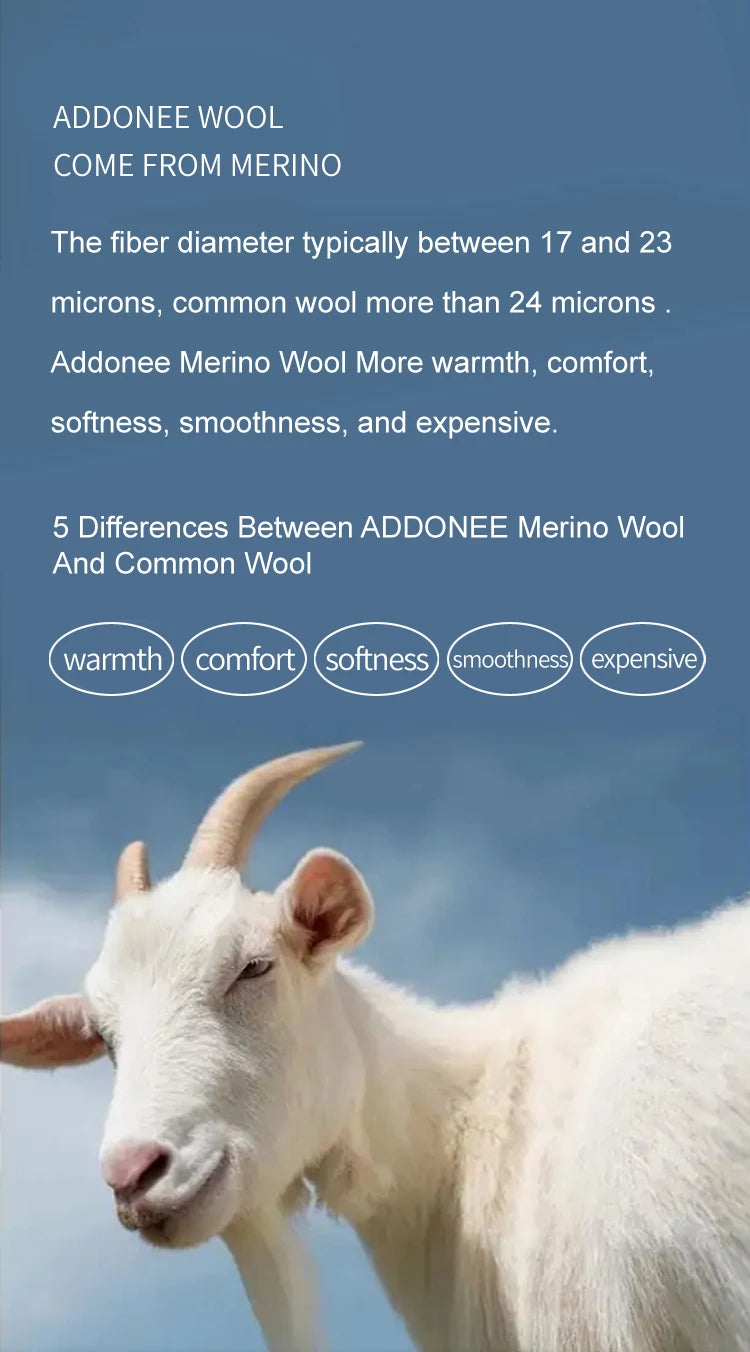 Goat with text about Addonee Merino Wool properties against a blue sky.
