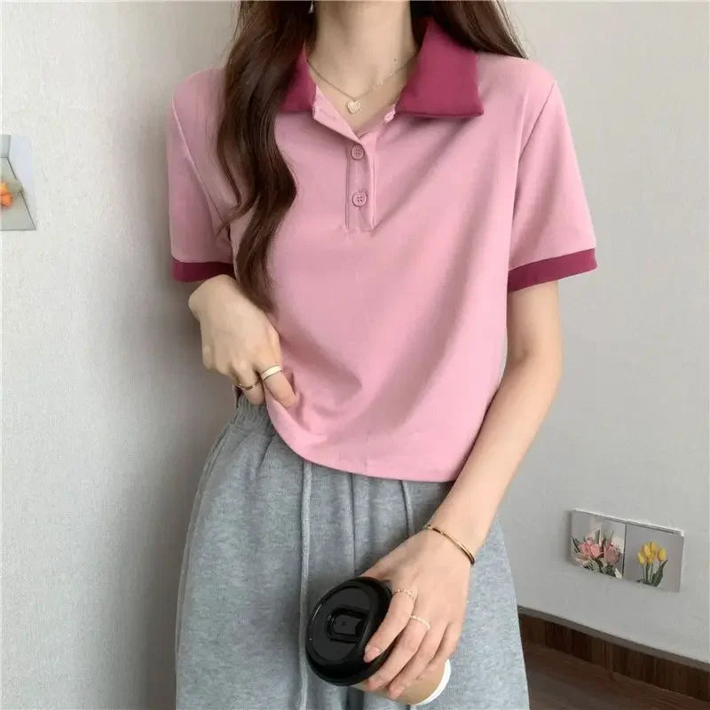 Plain Female Tee Slim Women's Polo Shirts T-shirts Short Sleeve T-shirt in Trend 2025 Youthful Clothes Korean Clothing Elegant