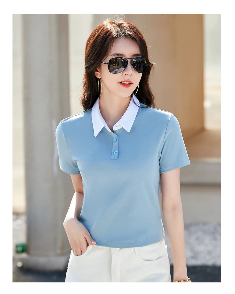 Summer New Cotton Polo Shirt Solid Color Polo Neck Short Sleeve High Waist Short Style Slim Fit Fashion Casual Women's Shirt