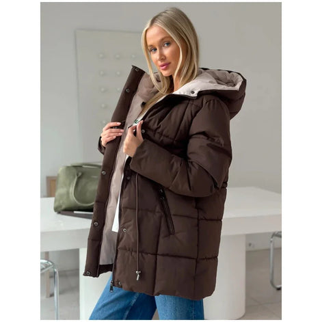 Brown Hooded Quilted Cotton Jacket Fashion Waist Cinch Drawstring Zip Pocket Warm Coat 2026 Women's Winter Casual Street Outfit
