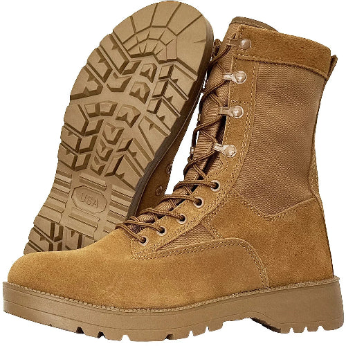 Tan military-style boots with laces on a white background