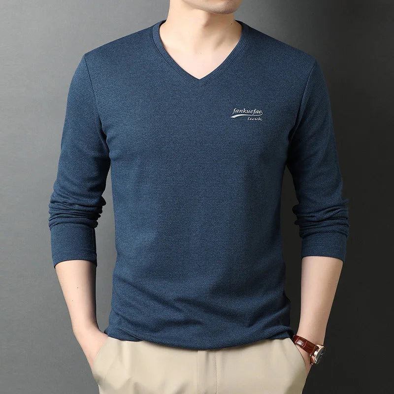Top Quality New Fashion Brand Solid Color Plain V Neck Long Sleeve t Shirt Men Cotton Casual Men Clothes 2025