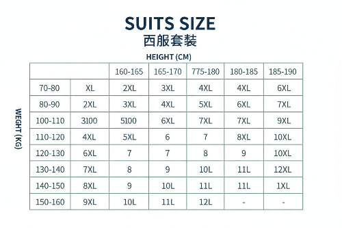 Suit size chart with weight and height measurements in both English and Chinese.