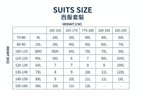 Suit size chart with weight and height measurements in both English and Chinese.