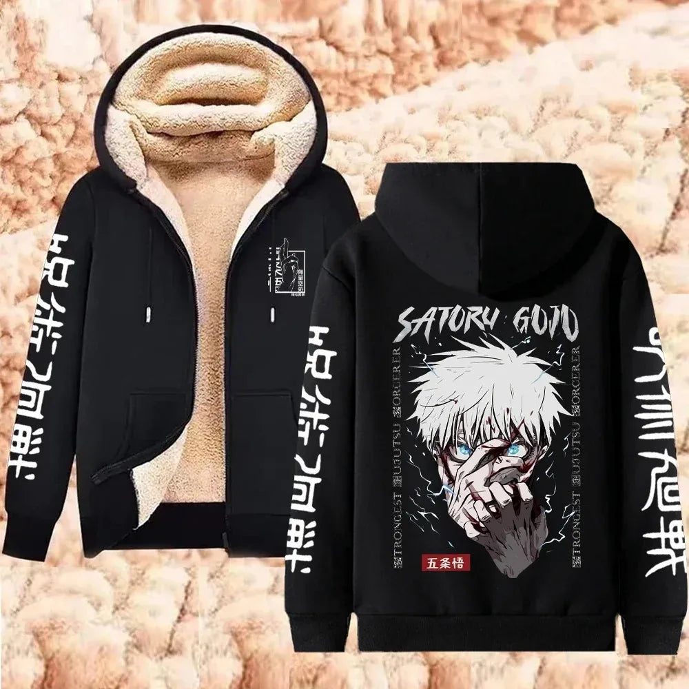 Black hoodie with anime character design and text on a textured beige background