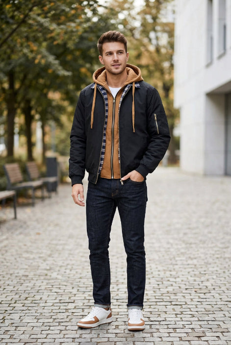 Black jacket with brown interior and plaid lining on a white background