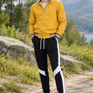 Yellow jacket and black pants with white stripes on a white background