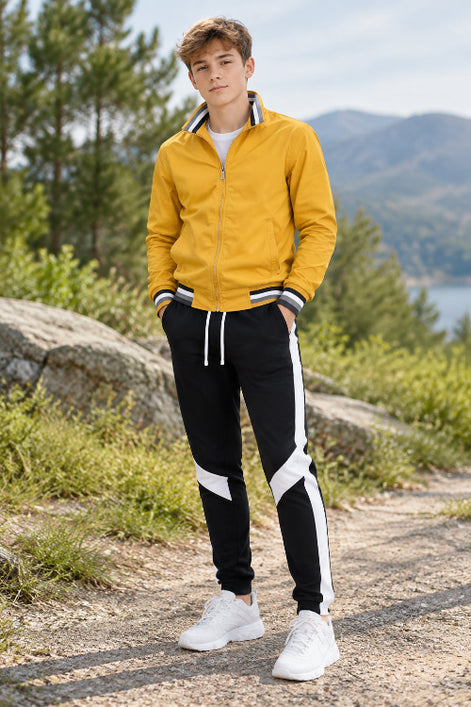 Yellow jacket and black pants with white stripes on a white background