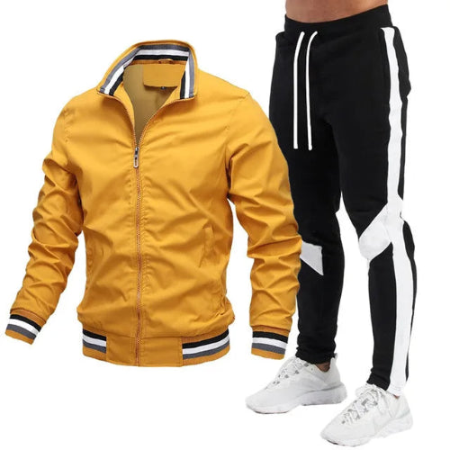 Yellow jacket and black pants with white stripes on a white background