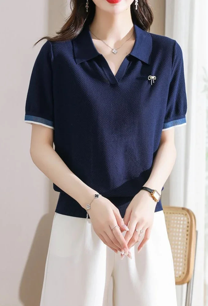 Female Tee Baggy Plain Knitted Cute T-shirts Kawaii Women's Polo Pulovers Offer Comfortable Summer 2025 with Collar New On