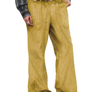 A person wearing wide-leg mustard yellow corduroy pants with a brown belt, a striped shirt, and brown shoes, shown against a plain white background.