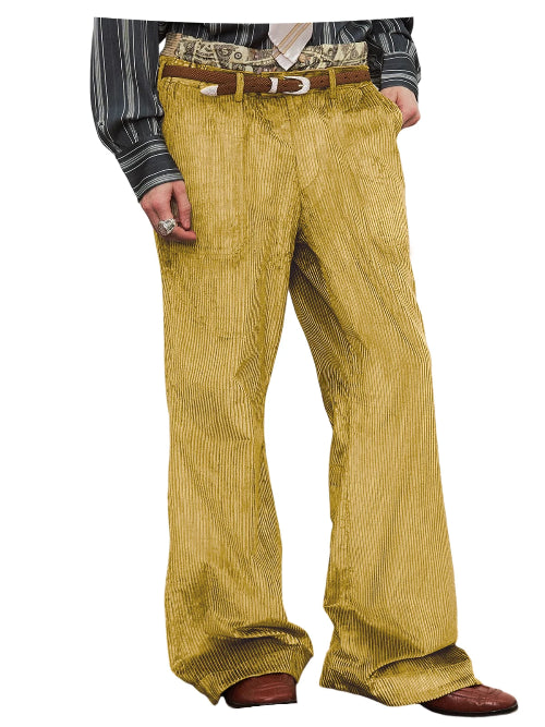 A person wearing wide-leg mustard yellow corduroy pants with a brown belt, a striped shirt, and brown shoes, shown against a plain white background.