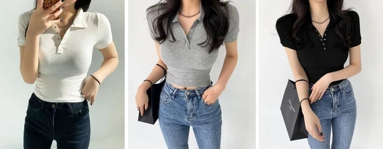 Polo Neck Shirt for Women Sexy Woman T Coquette Clothes Plain 100℅ Cotton Button Slim Korean Style with Collar Pretty Cheap Tops