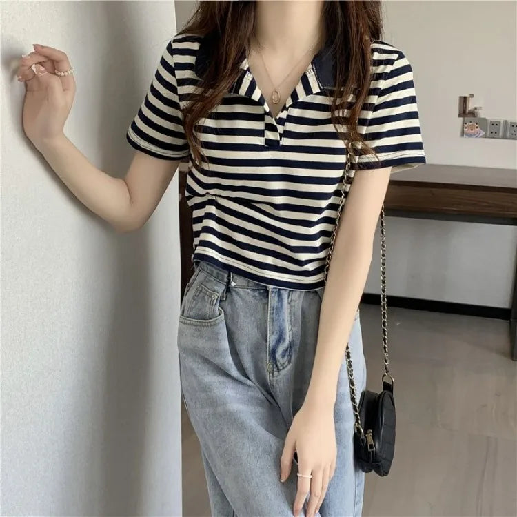 Chic V Neck Short Length Striped Short Sleeve Polo T Shirt For Women Summer 2026 New Niche Top