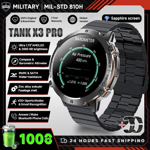 Tank X3 Pro military smartwatch with features listed on a promotional graphic.