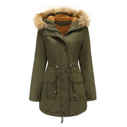 An olive green hooded winter parka jacket with a brown faux-fur trimmed hood and a warm brown fleece lining, featuring front pockets and drawstring details, 