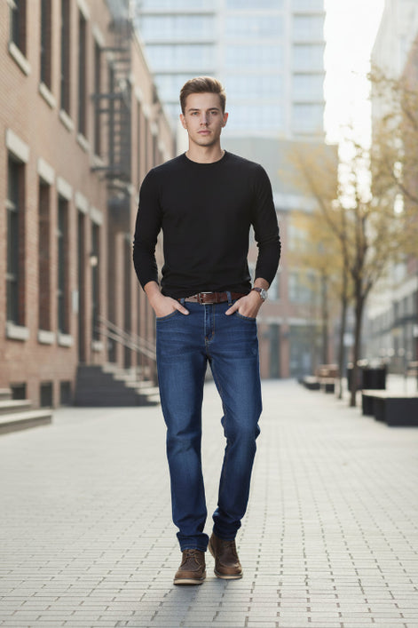 Person wearing blue jeans and brown boots against a dark gray background
