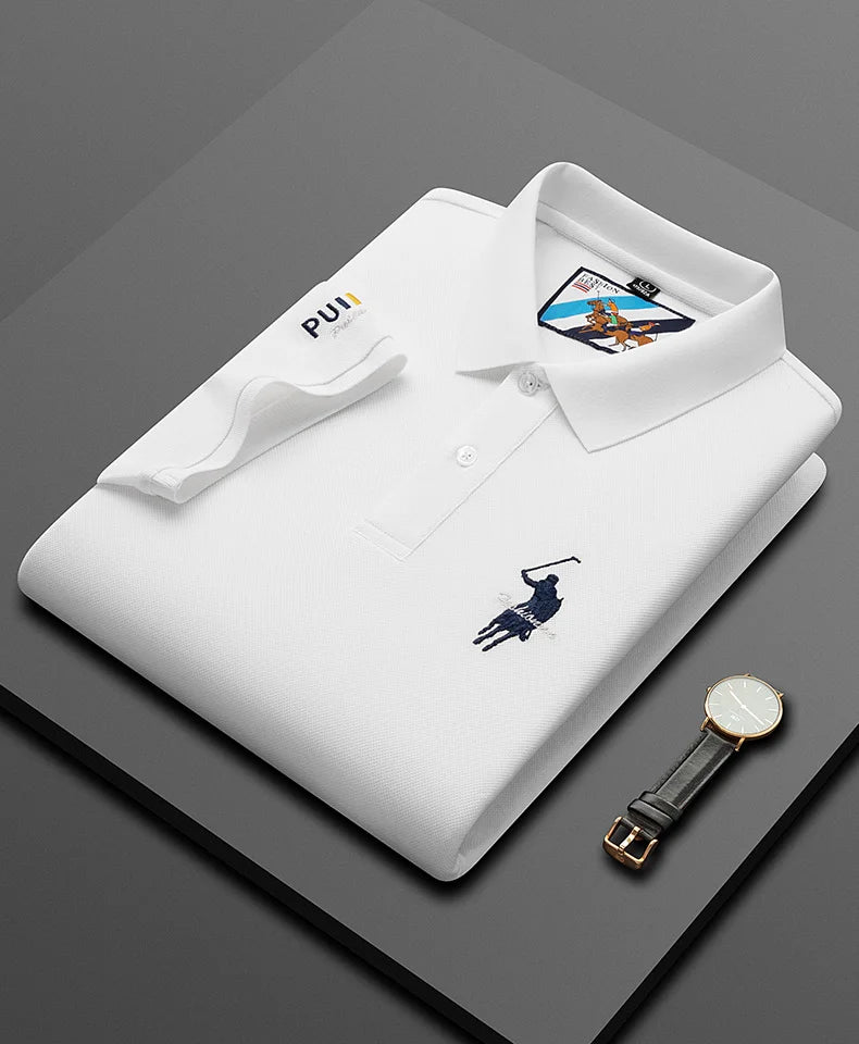 Luxury Embroidery Men's Polo Shirt Summer Thin Breathable 100%Cotton Black Navy Blue Lapel Short-Sleeved Tops Brand Clothing