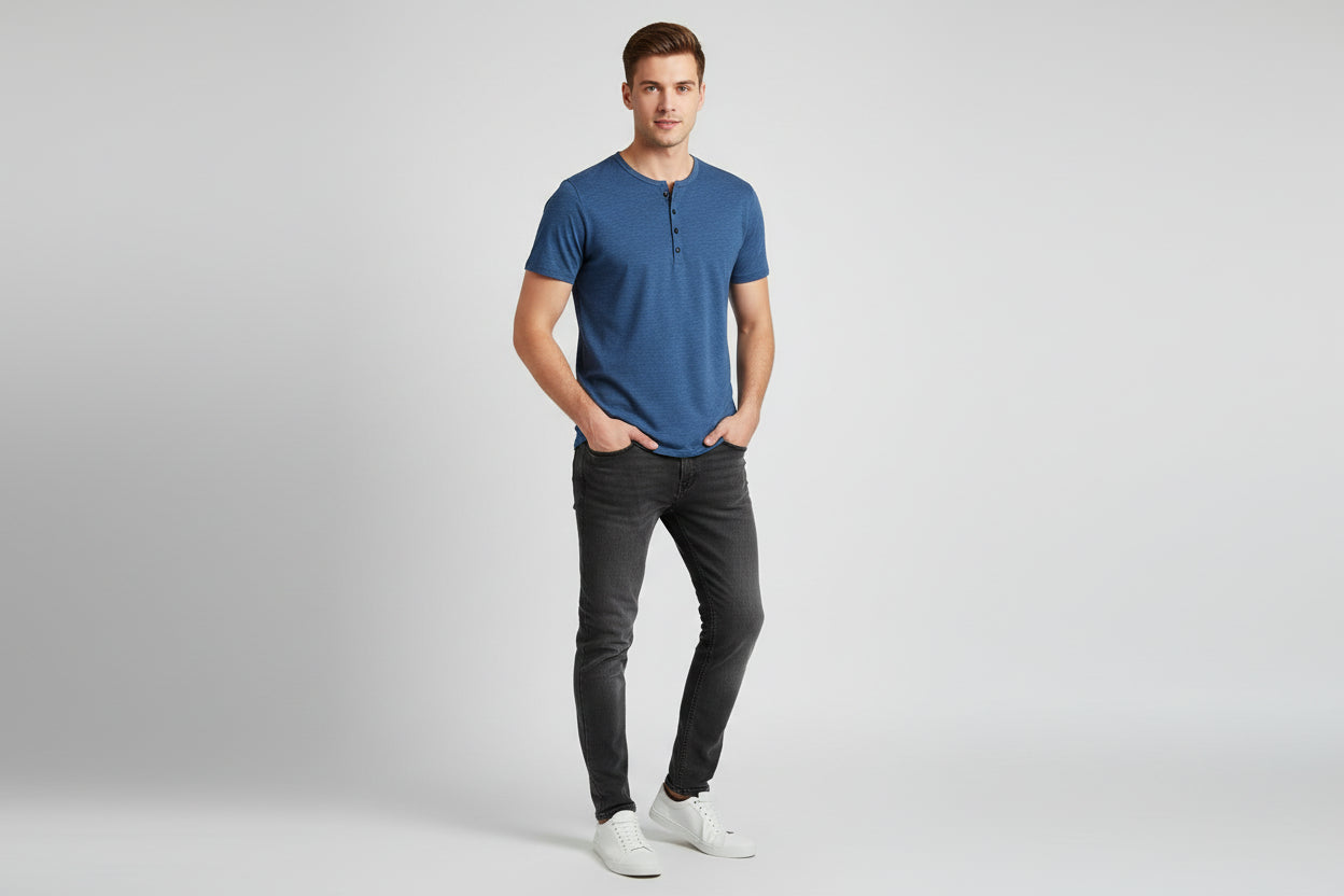 Blue short-sleeve henley shirt on a white background