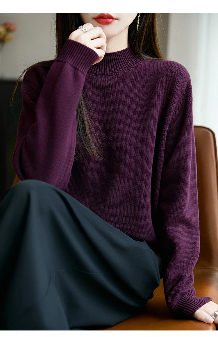 100% Pure Cotton Women's Knitted Sweater Solid Color Round Neck Pullover Loose Cotton Sweater Autumn and Winter New Women's Top